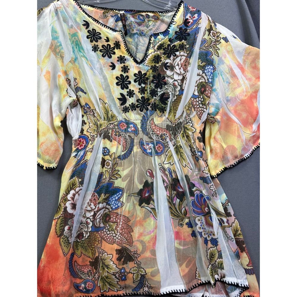 Sienna Rose Boho Floral Paisley Sheer Tunic Top V-Neck Flutter Sleeve XL Multi